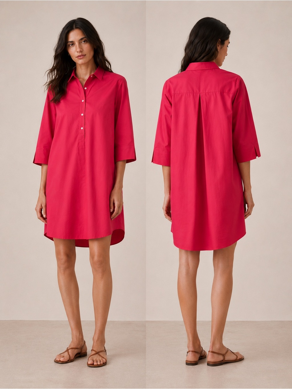 HINSON WU Button-Front Midi Shirt Dress in Bright Pink/Red